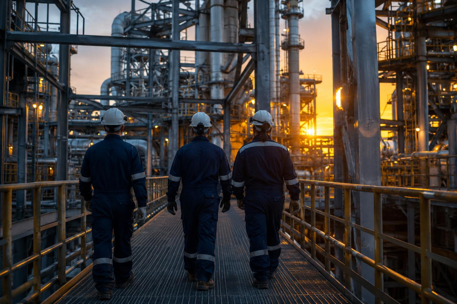 Trabajadores industriales recorriendo una planta