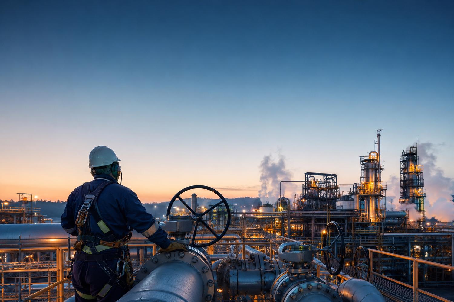 Trabajador inspeccionando tuberías industriales