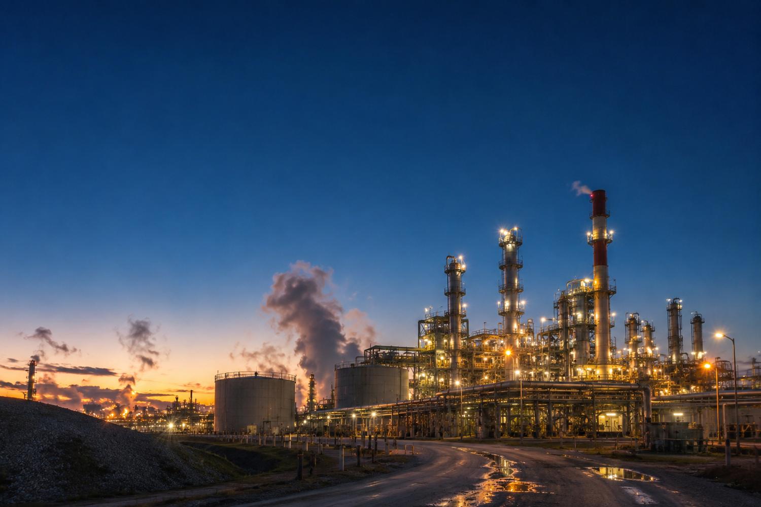 Exterior de una planta industrial al atardecer