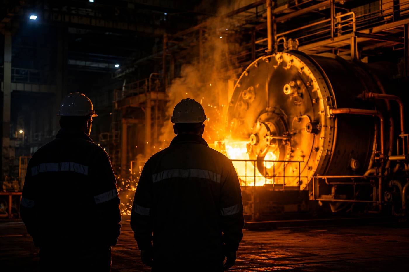 Trabajadores frente a una caldera industrial
