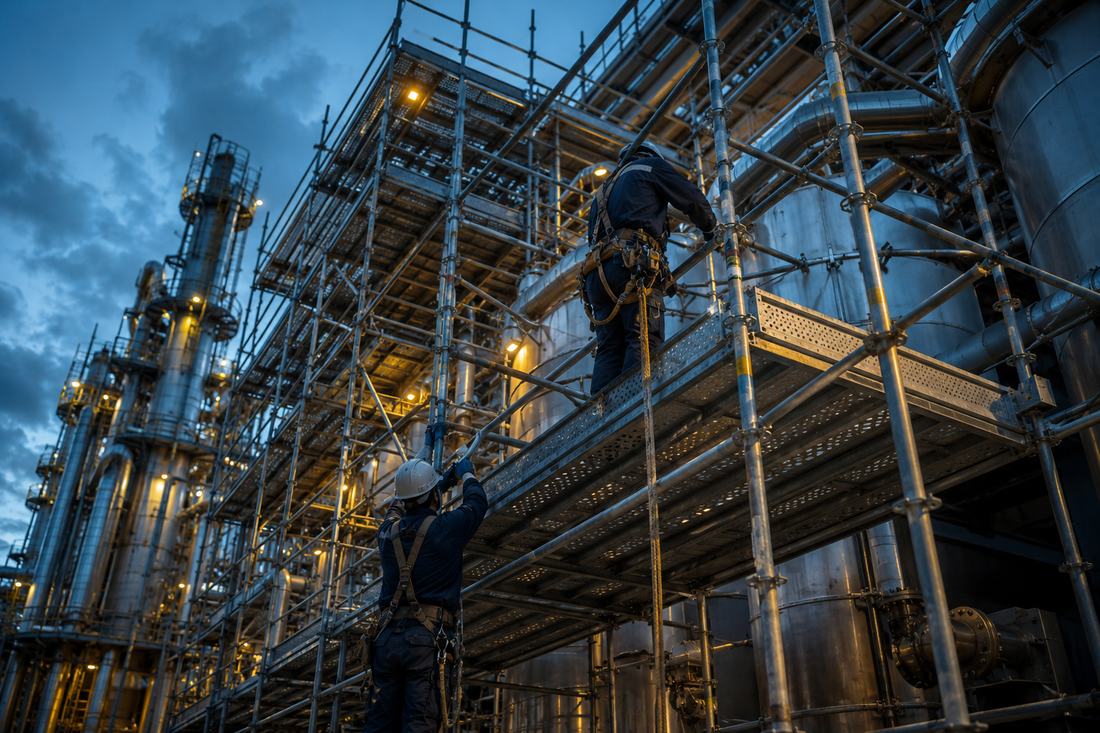 Andamios industriales montados en una planta