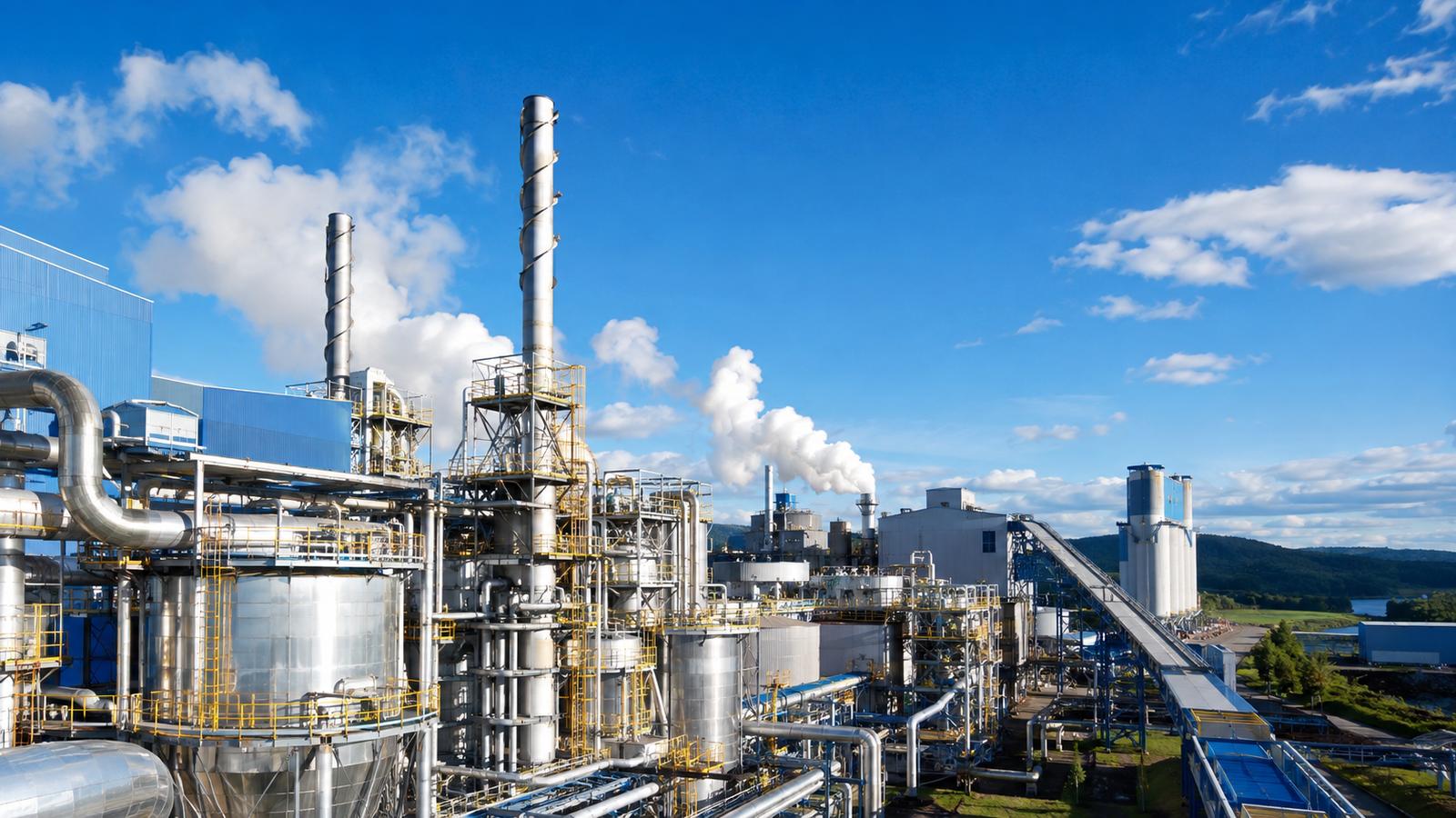 Planta industrial de celulosa vista de día