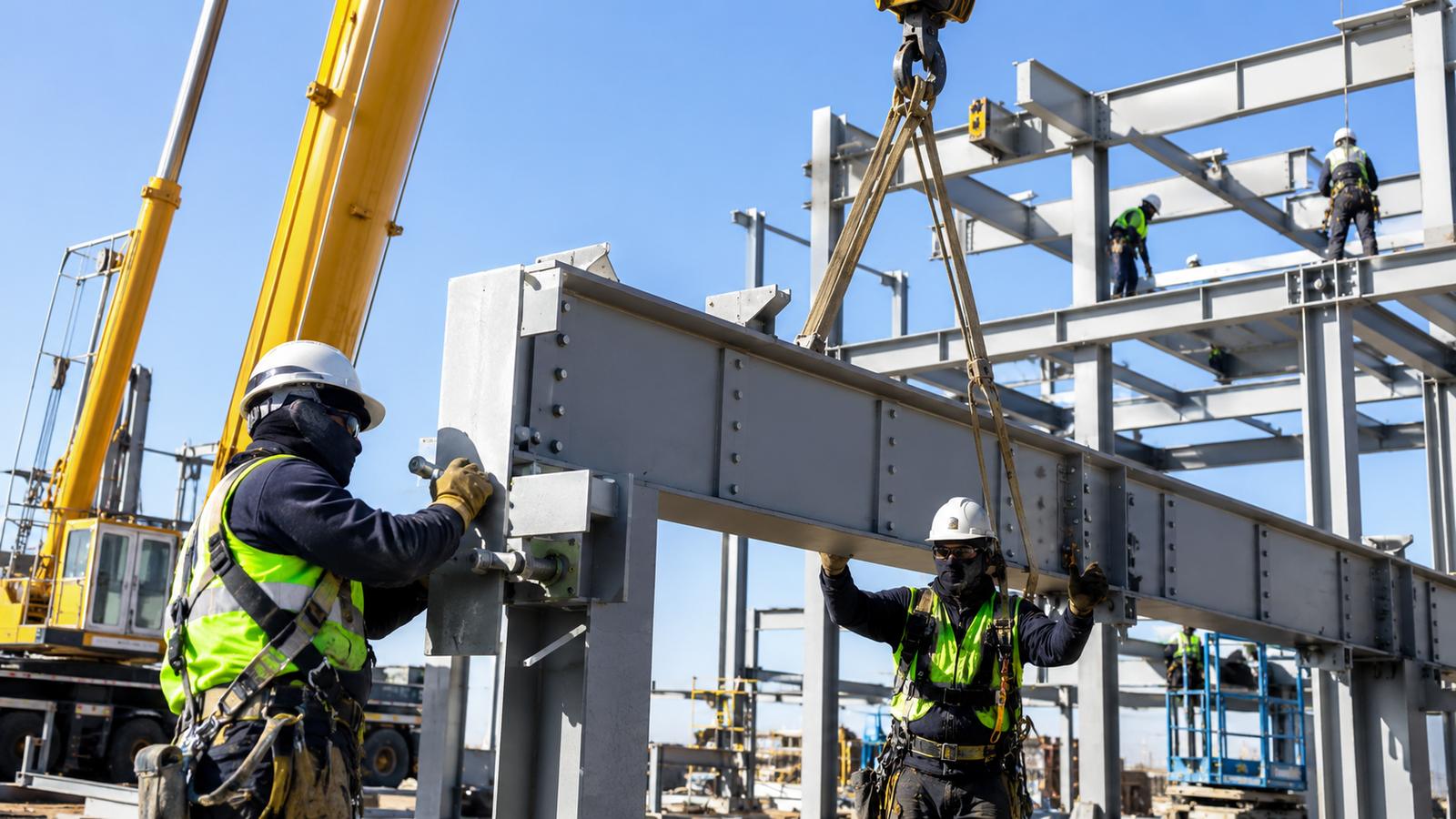 Equipo de trabajadores en el montaje de una estructura de acero