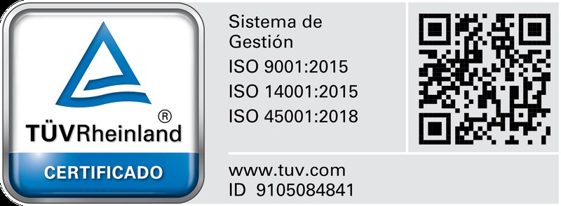Sello TÜV Rheinland Certificado — ISO 9001:2015, ISO 14001:2015, ISO 45001:2018 · ID 9105084841